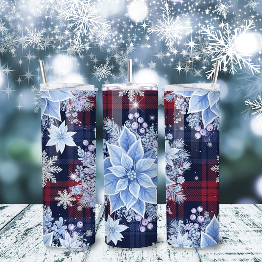 Blue Poinsettia & Red Plaid Christmas Tumbler – 20oz Stainless Steel Holiday Cup with Lid & Straw