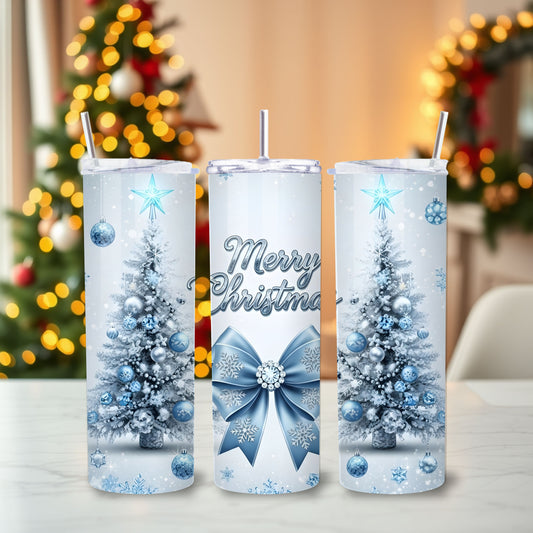 Blue Merry Christmas Tumbler – Elegant 20oz Stainless Steel Holiday Cup with Lid & Straw