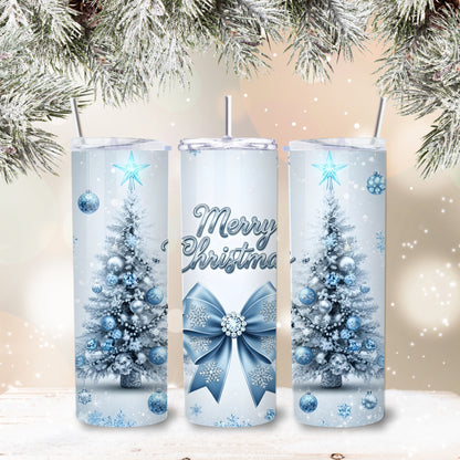 Blue Merry Christmas Tumbler – Elegant 20oz Stainless Steel Holiday Cup with Lid & Straw