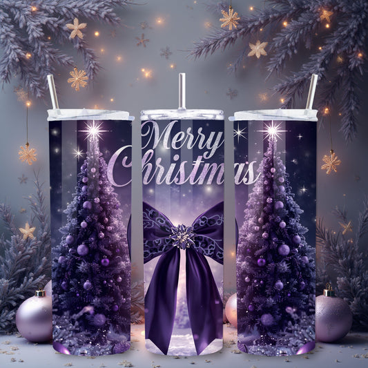 Purple Merry Christmas Tumbler – Luxe 20oz Stainless Steel Holiday Cup with Glam Bow