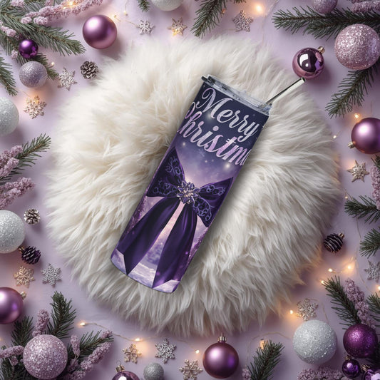 Purple Merry Christmas Tumbler – Luxe 20oz Stainless Steel Holiday Cup with Glam Bow - Designs By Dice