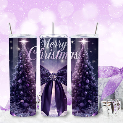 Purple Merry Christmas Tumbler – Luxe 20oz Stainless Steel Holiday Cup with Glam Bow