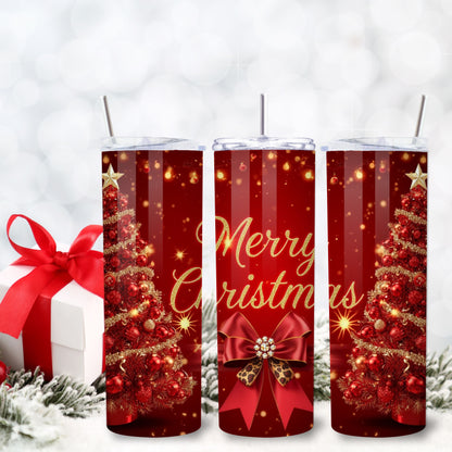 Red Merry Christmas Tumbler – Festive 20oz Stainless Steel Holiday Cup with Leopard Bow