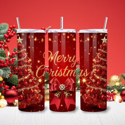 Red Merry Christmas Tumbler – Festive 20oz Stainless Steel Holiday Cup with Leopard Bow