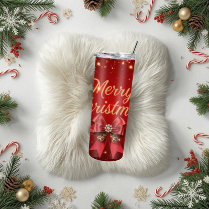 Red Merry Christmas Tumbler – Festive 20oz Stainless Steel Holiday Cup with Leopard Bow