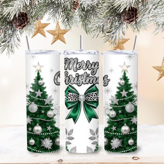 Green Merry Christmas Tumbler – Elegant 20oz Stainless Steel Holiday Cup with Leopard Bow