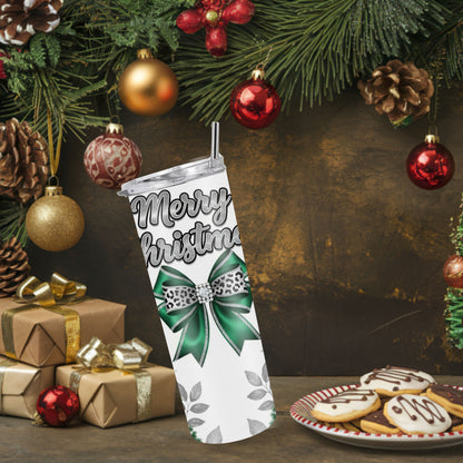 Green Merry Christmas Tumbler – Elegant 20oz Stainless Steel Holiday Cup with Leopard Bow