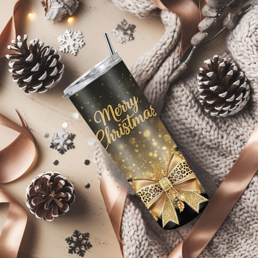 Black, Rose Gold & Gold Merry Christmas Tumbler – Glam Leopard Bow 20oz Stainless Steel Holiday Cup