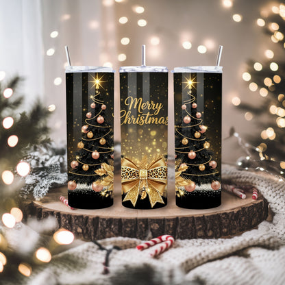 Black, Rose Gold & Gold Merry Christmas Tumbler – Glam Leopard Bow 20oz Stainless Steel Holiday Cup