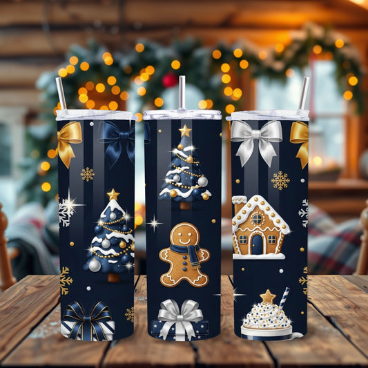 Midnight Christmas Tumbler – Navy Blue & Gold Gingerbread Holiday 20oz Stainless Steel Cup
