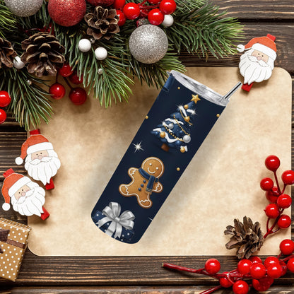 Midnight Christmas Tumbler – Navy Blue & Gold Gingerbread Holiday 20oz Stainless Steel Cup