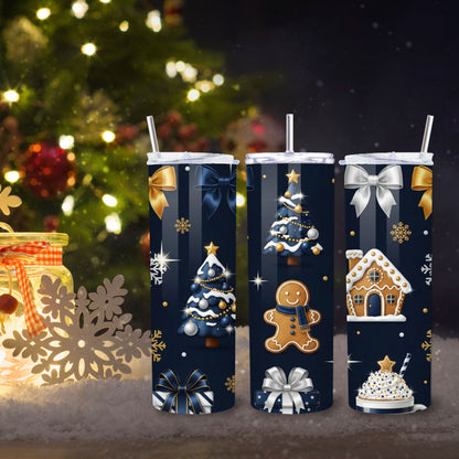 Midnight Christmas Tumbler – Navy Blue & Gold Gingerbread Holiday 20oz Stainless Steel Cup