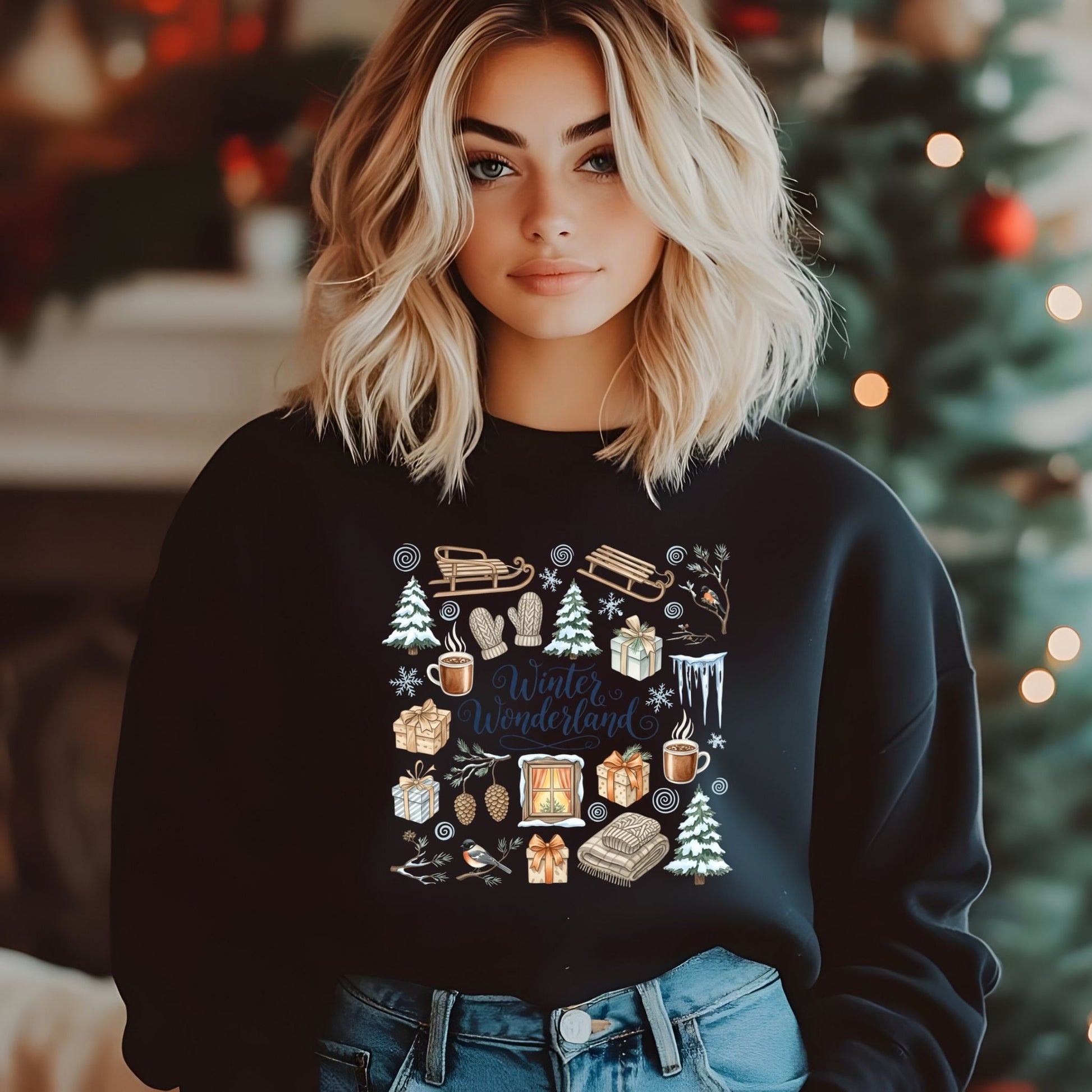 Woman wearing a black sweater with winter-themed graphics in front of a Christmas tree.