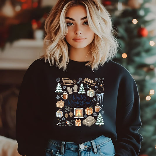 Woman wearing a black sweater with winter-themed graphics in front of a Christmas tree.