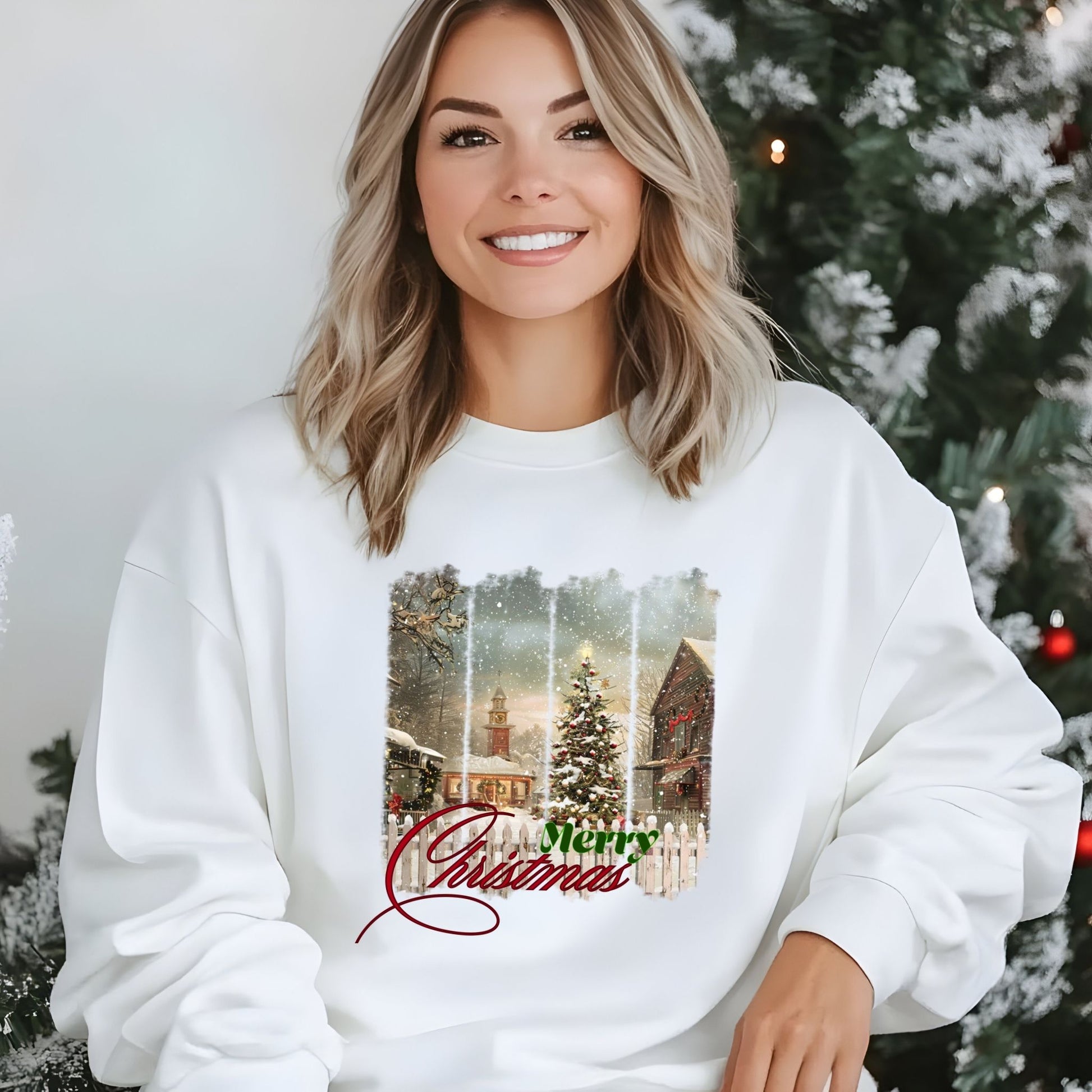 Woman wearing a white sweatshirt with a Christmas design in front of a decorated tree.