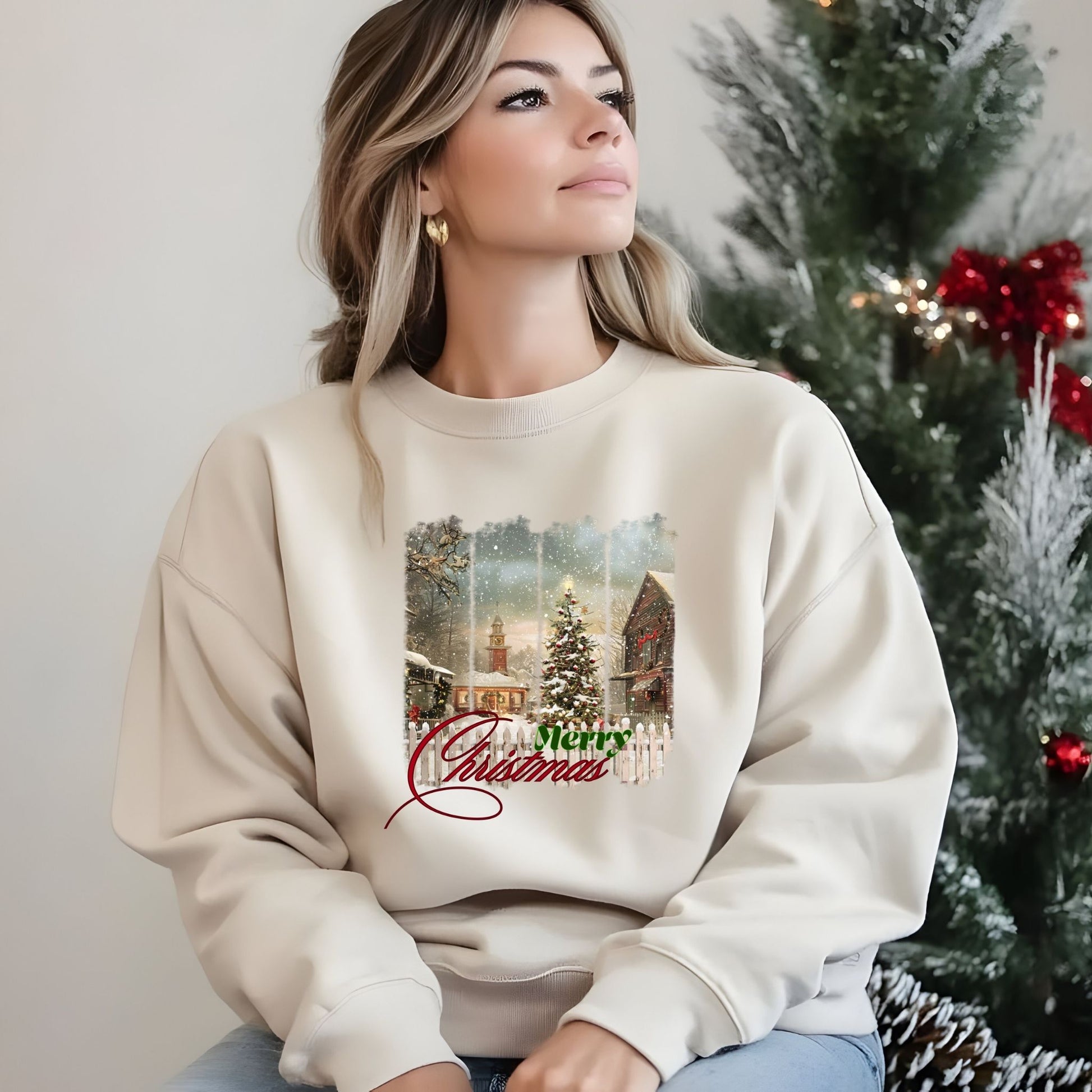 Woman wearing a cream sweatshirt with a Christmas design in front of a decorated tree.