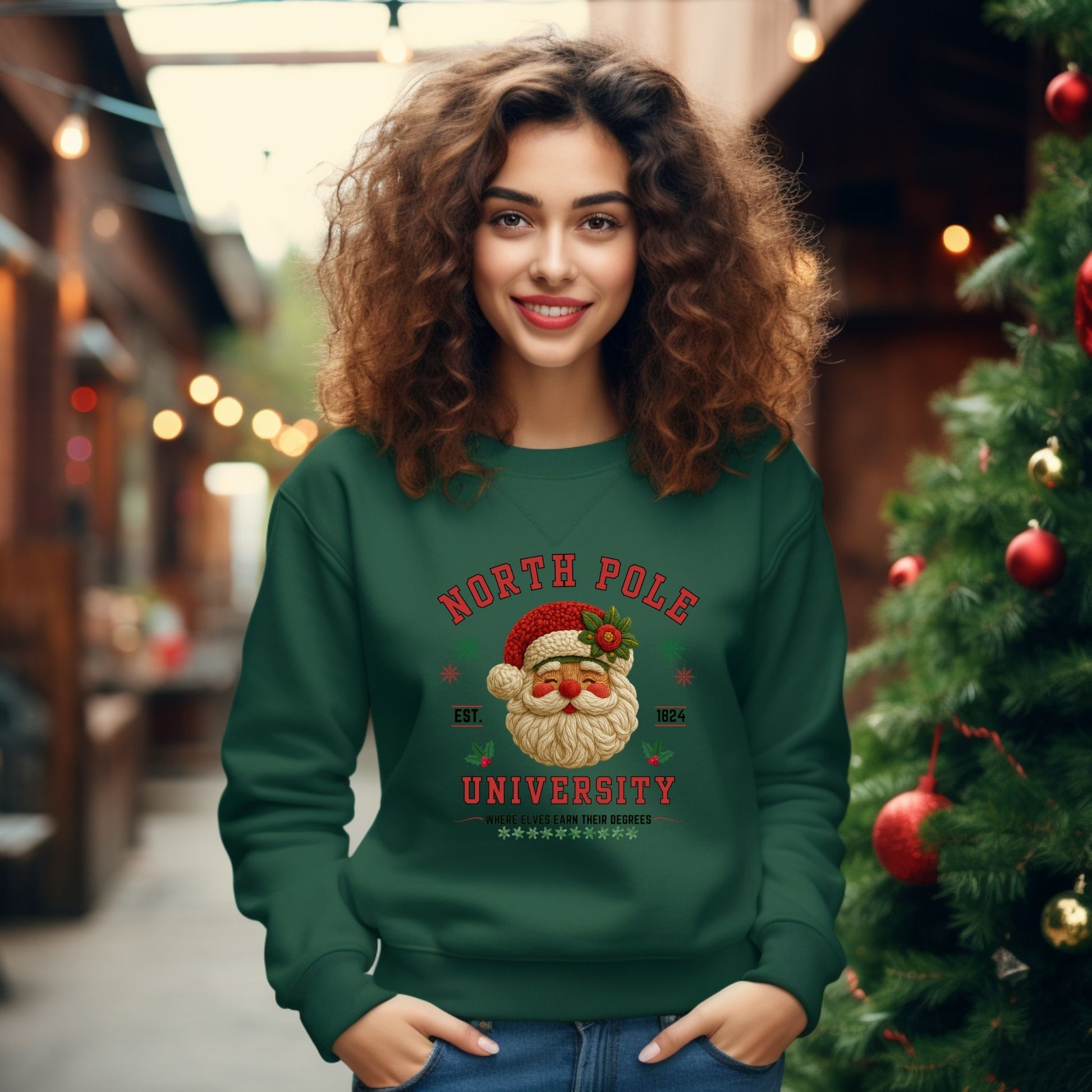 Woman wearing a green sweatshirt with Santa Claus design and 'North Pole University' text, standing in a festive street.