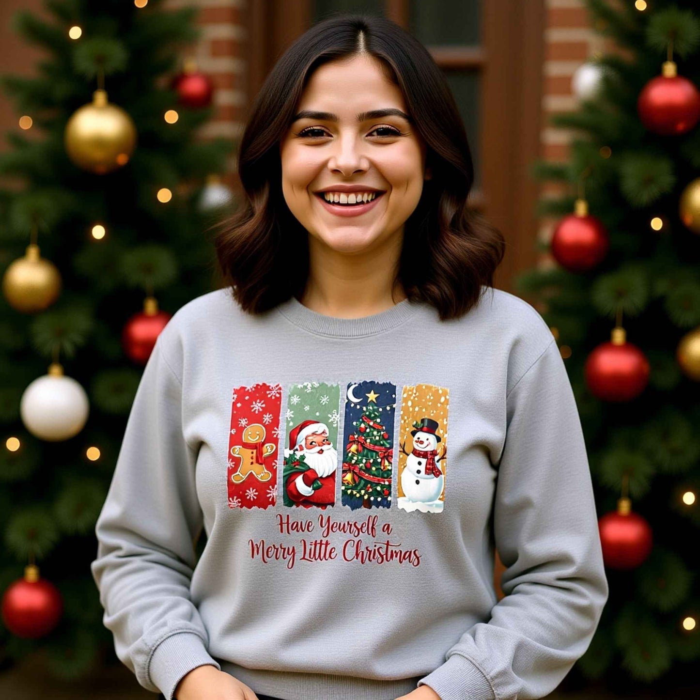 Have Yourself a Merry Little Christmas Crewneck Sweatshirt | Cozy Holiday Sweater with Santa, Tree & Snowman Design