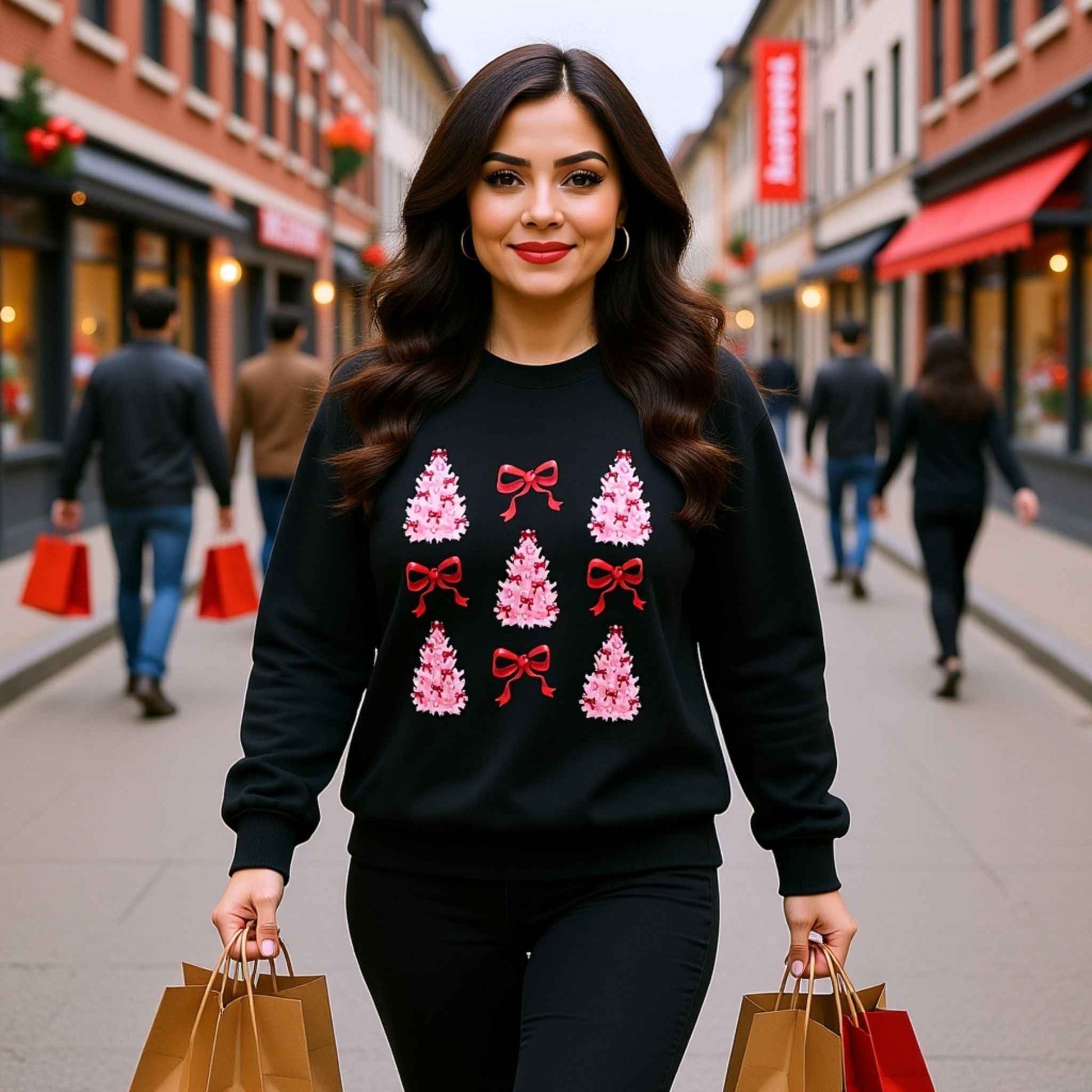 Pink Christmas Tree Crewneck Sweatshirt | Black Holiday Sweater with Red Bows | Cozy Festive Winter Pullover