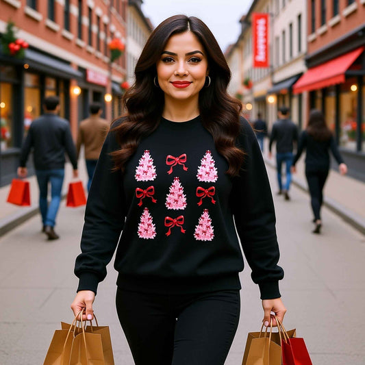 Pink Christmas Tree Crewneck Sweatshirt | Black Holiday Sweater with Red Bows | Cozy Festive Winter Pullover