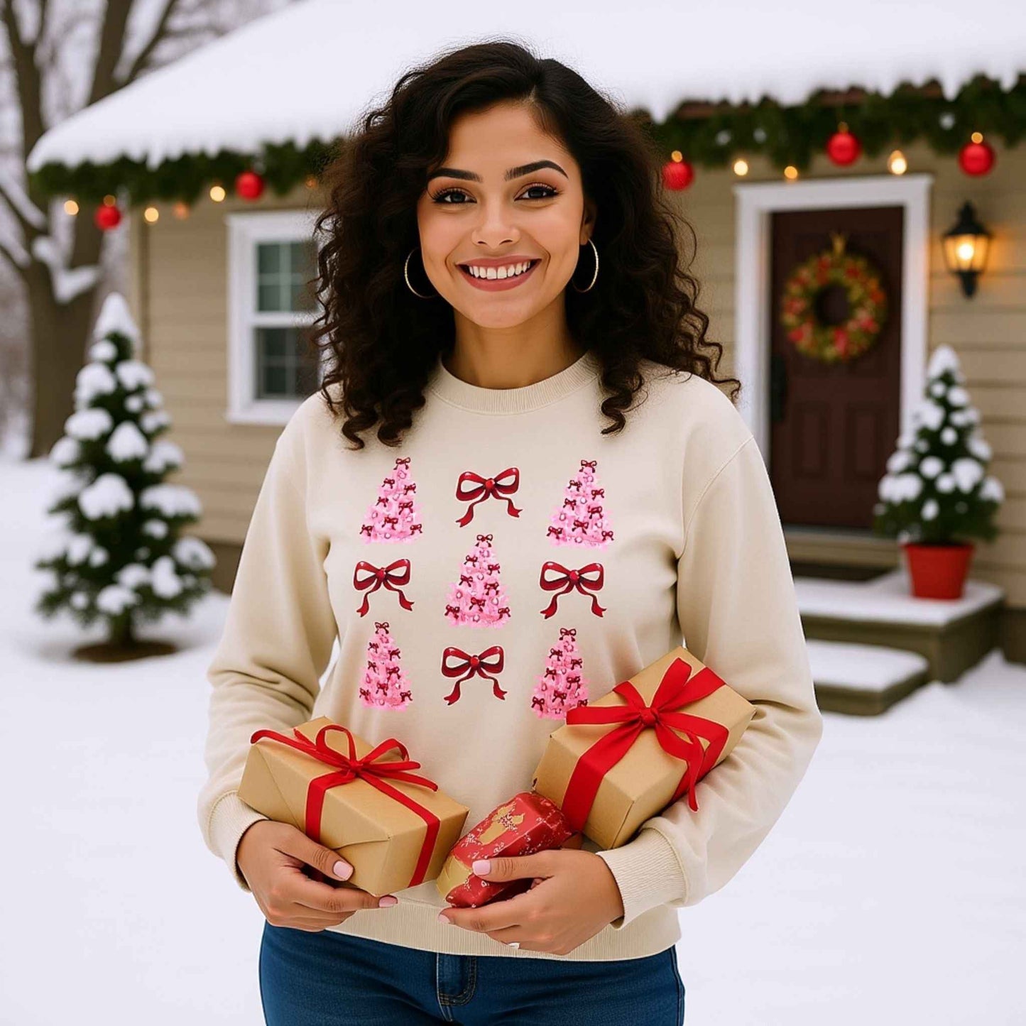 Pink Christmas Tree Crewneck Sweatshirt | Black Holiday Sweater with Red Bows | Cozy Festive Winter Pullover