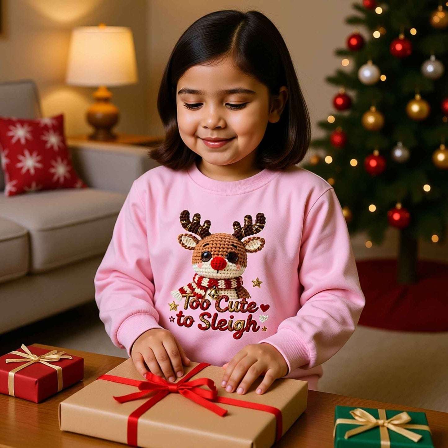 Too Cute to Sleigh Toddler Christmas Crewneck | Faux Crochet Reindeer Holiday Sweatshirt | Cozy Kids Christmas Sweater