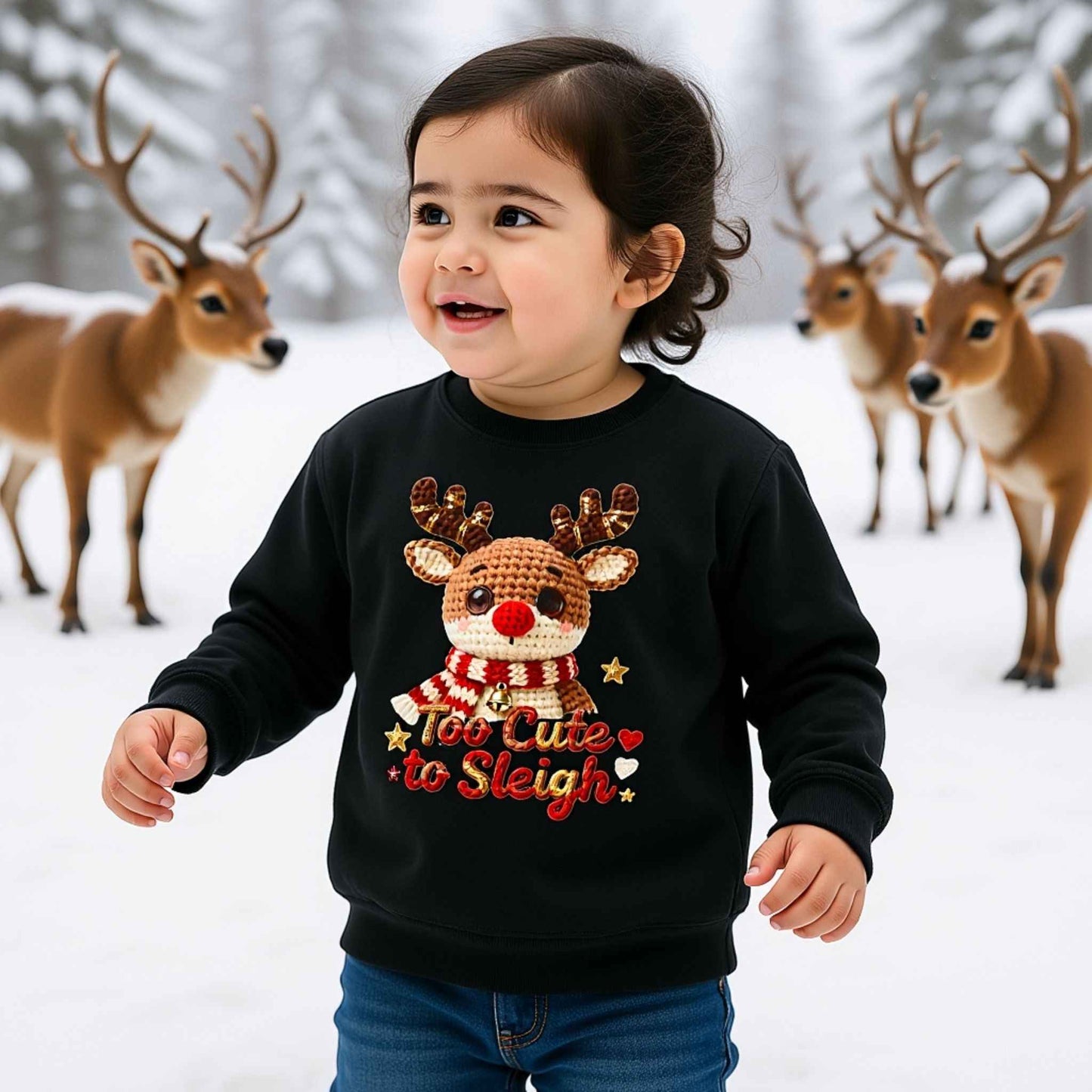Too Cute to Sleigh Toddler Christmas Crewneck | Faux Crochet Reindeer Holiday Sweatshirt | Cozy Kids Christmas Sweater