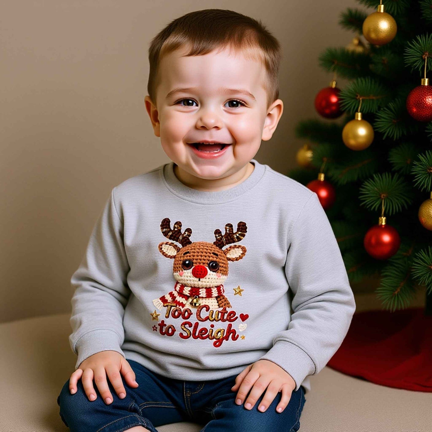 Too Cute to Sleigh Toddler Christmas Crewneck | Faux Crochet Reindeer Holiday Sweatshirt | Cozy Kids Christmas Sweater