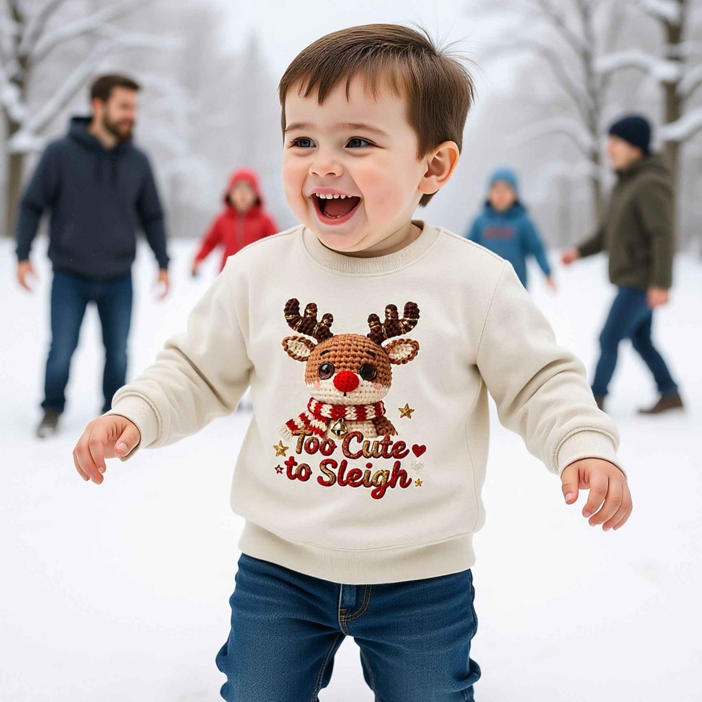 Too Cute to Sleigh Toddler Christmas Crewneck | Faux Crochet Reindeer Holiday Sweatshirt | Cozy Kids Christmas Sweater