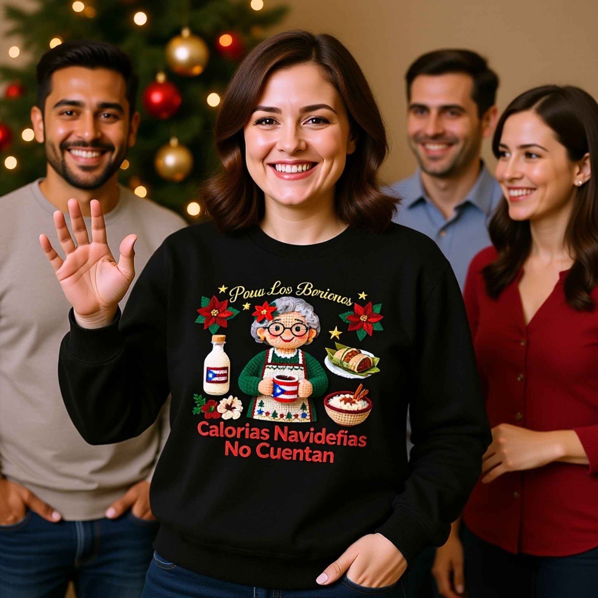 Woman wearing “Calorías Navideñas No Cuentan” Puerto Rican Christmas crewneck sweater