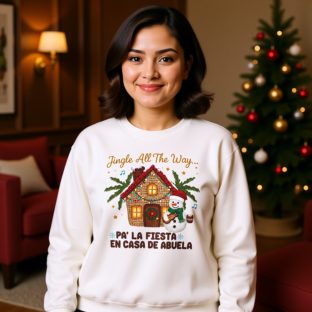 Woman wearing Puerto Rican Christmas crewneck with faux crochet holiday design