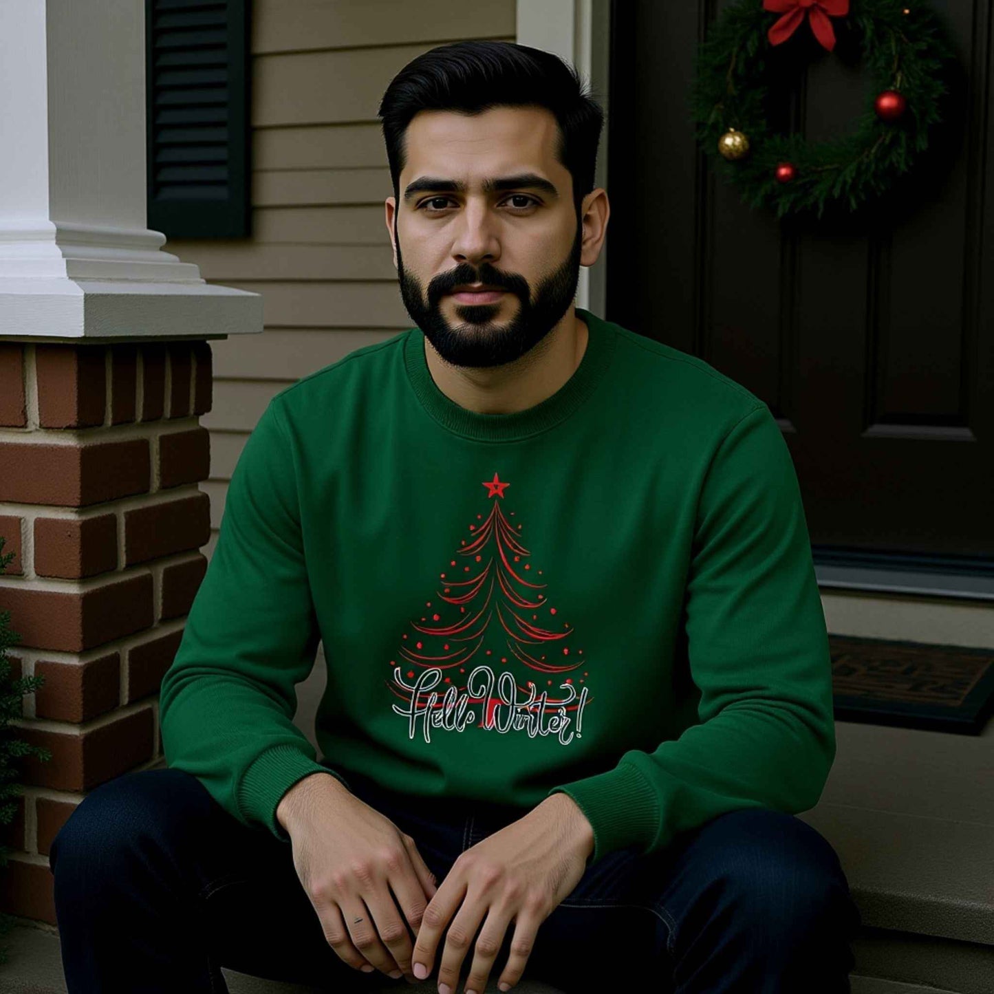 Hello Winter Crewneck Sweatshirt | Minimal Christmas Tree Sweater | Cozy Holiday Pullover for Women & Men