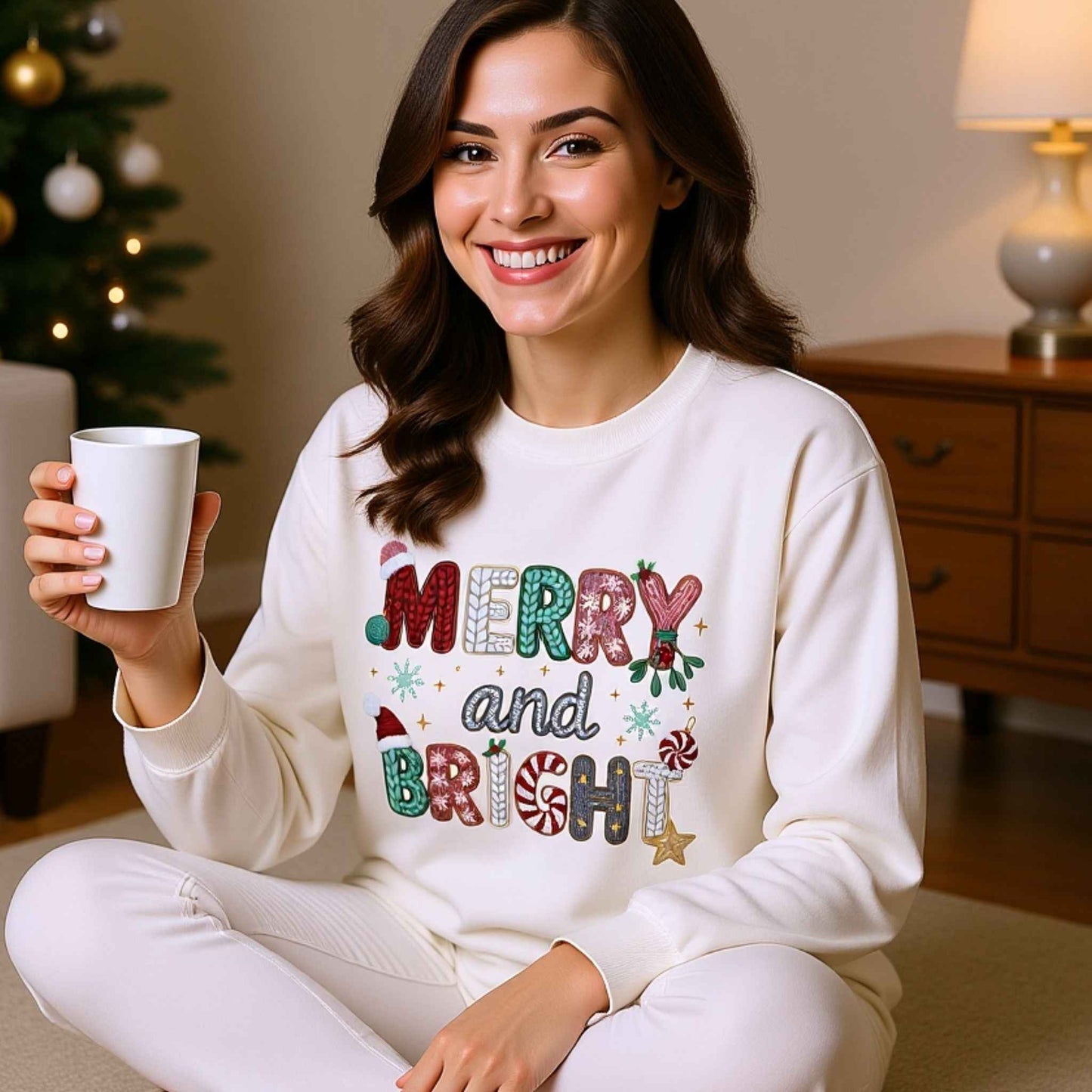 Merry and Bright Faux Crochet Crewneck | Cozy Christmas Sweater | Holiday Candy Cane Sweatshirt for Woman & Men