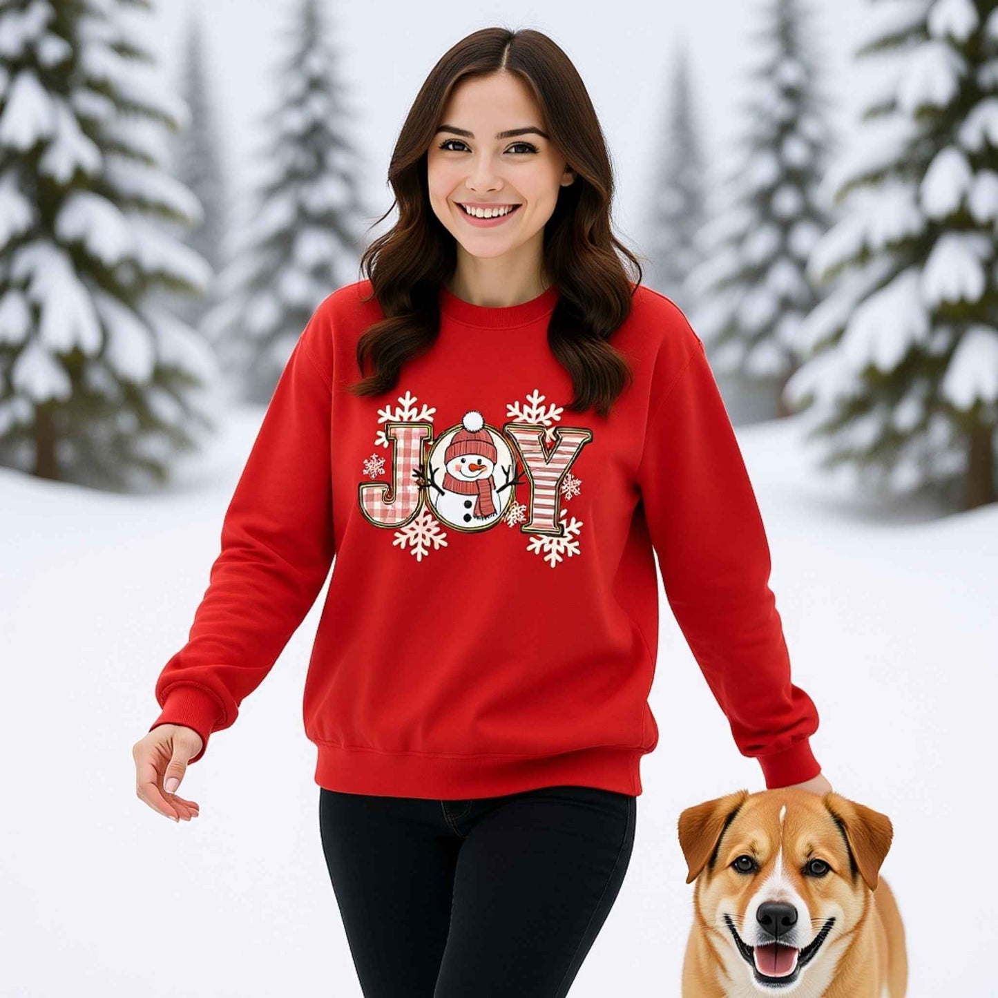 JOY Snowman Christmas Crewneck Sweatshirt – Cute Cozy Holiday Sweater for Women | Winter Plaid Snowflake Christmas Gift