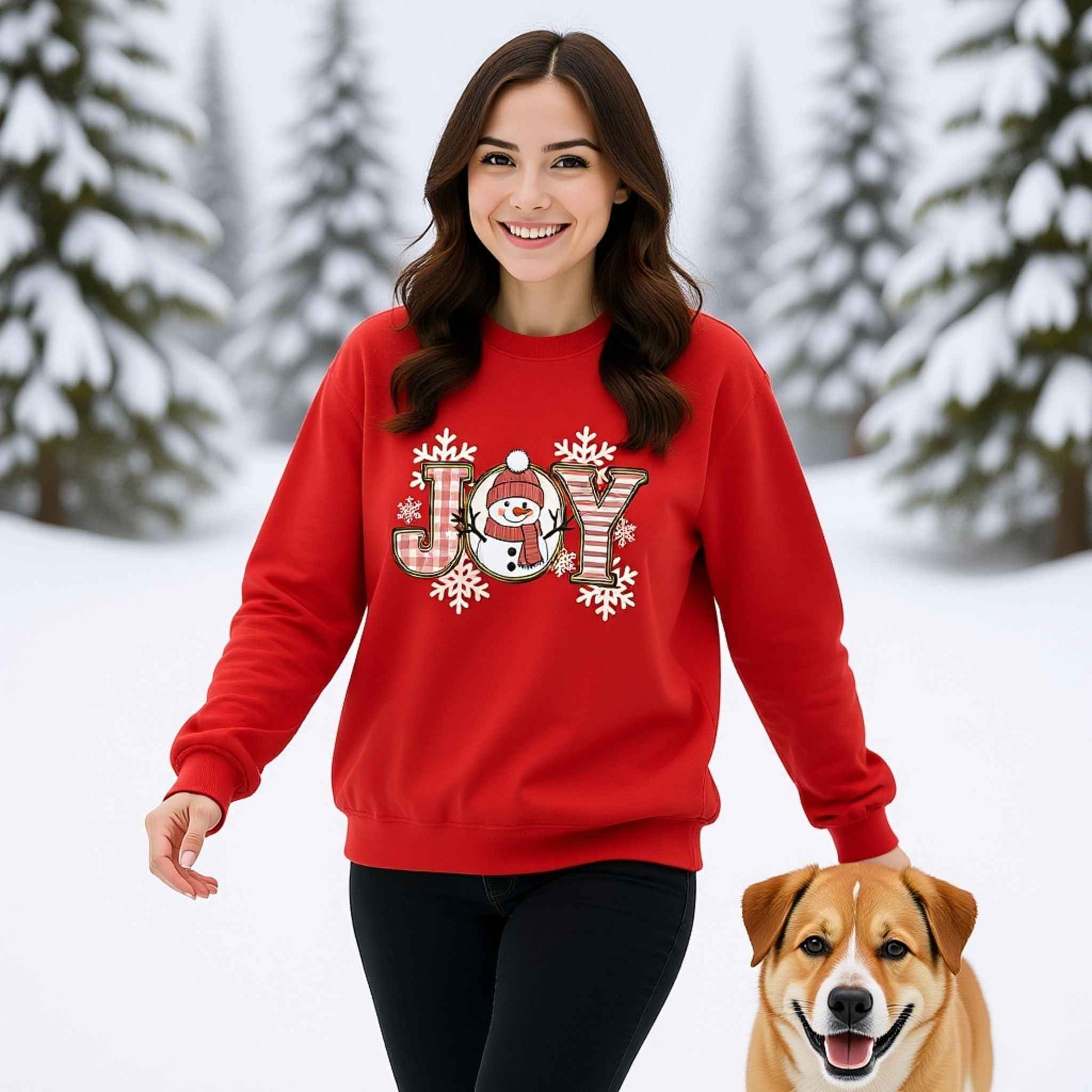 Woman wearing plaid “JOY” Snowman Christmas Crewneck Sweatshirt 