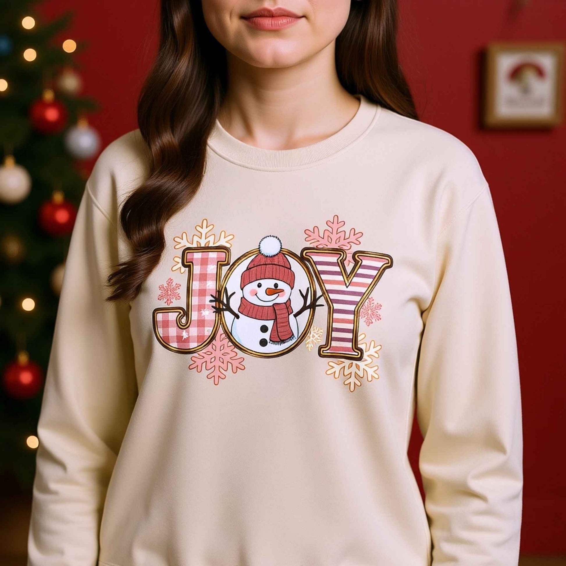 Woman wearing plaid “JOY” Snowman Christmas Crewneck Sweatshirt 