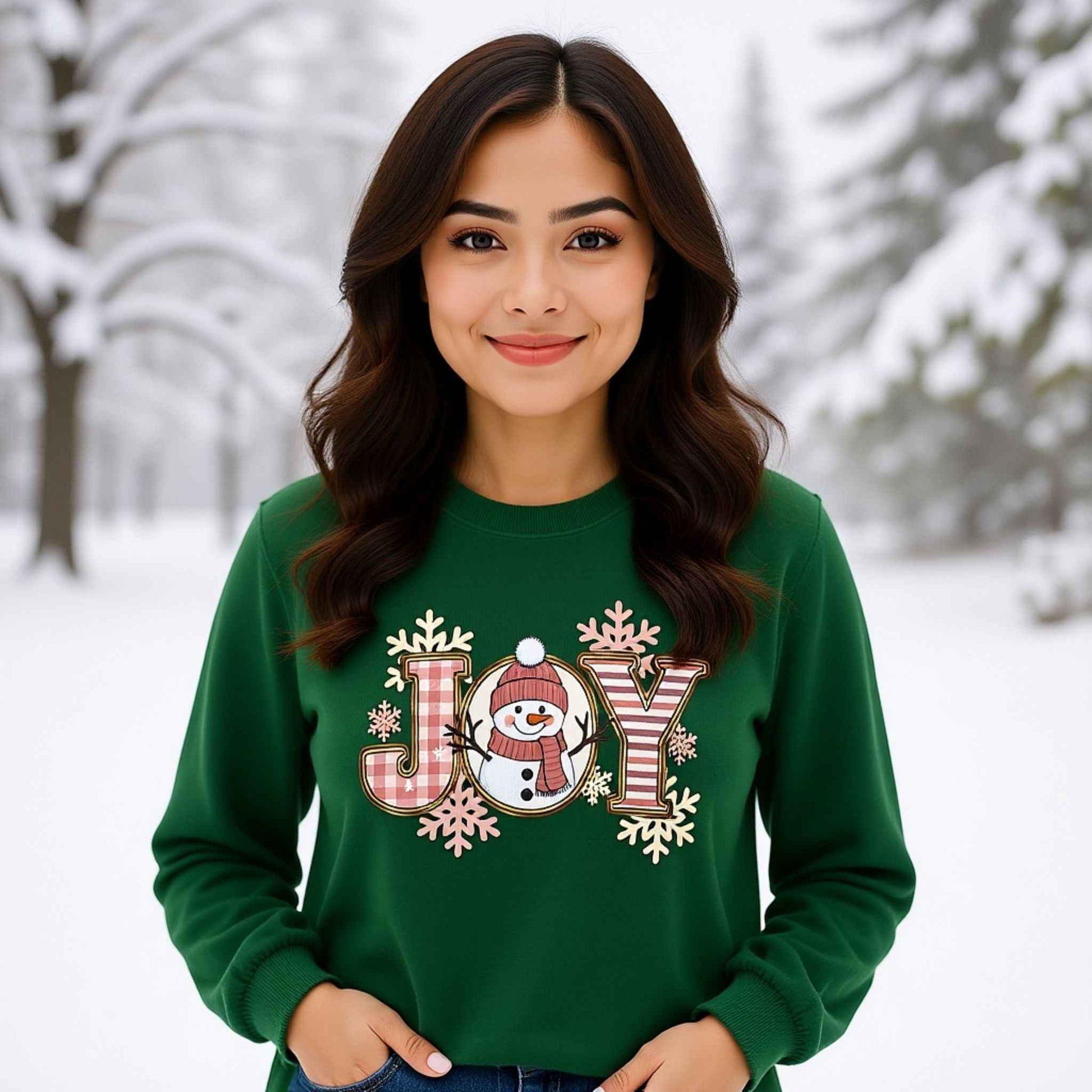 Woman wearing plaid “JOY” Snowman Christmas Crewneck Sweatshirt 
