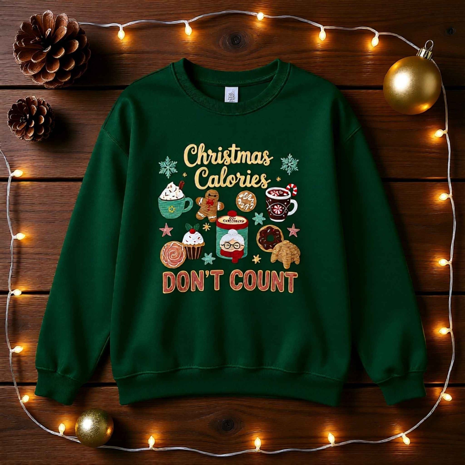 Flat lay of “Christmas Calories Don’t Count”  Holiday Baking Faux Crochet Crewneck Sweatshirt