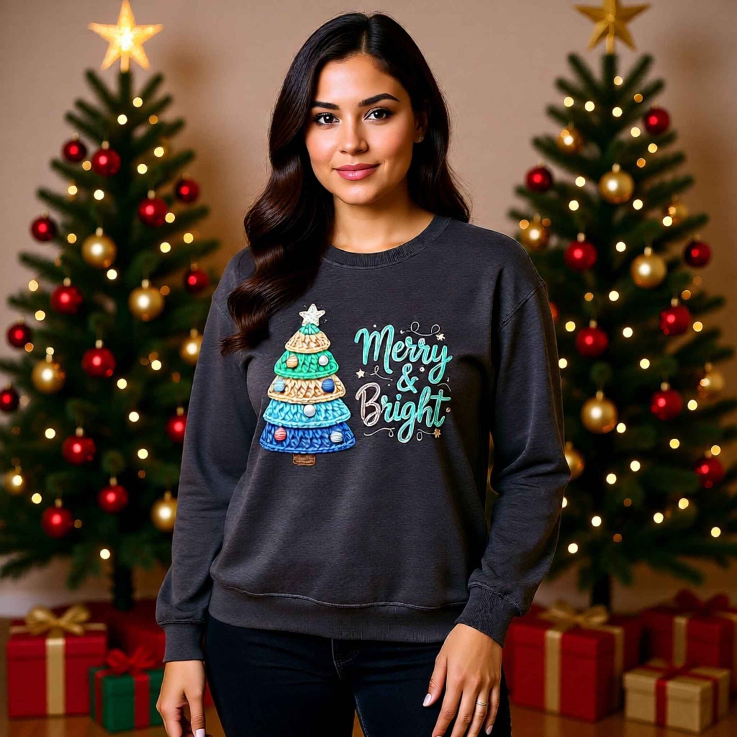 Woman wearing faux crochet knit Christmas crewneck sweatshirt with “Merry & Bright” Christmas tree design