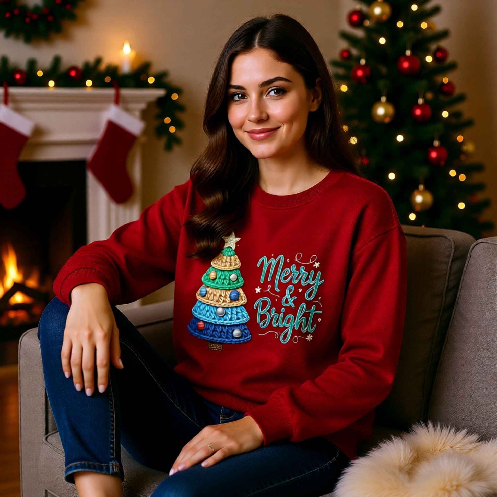 Woman wearing faux crochet knit Christmas crewneck sweatshirt with “Merry & Bright” Christmas tree design