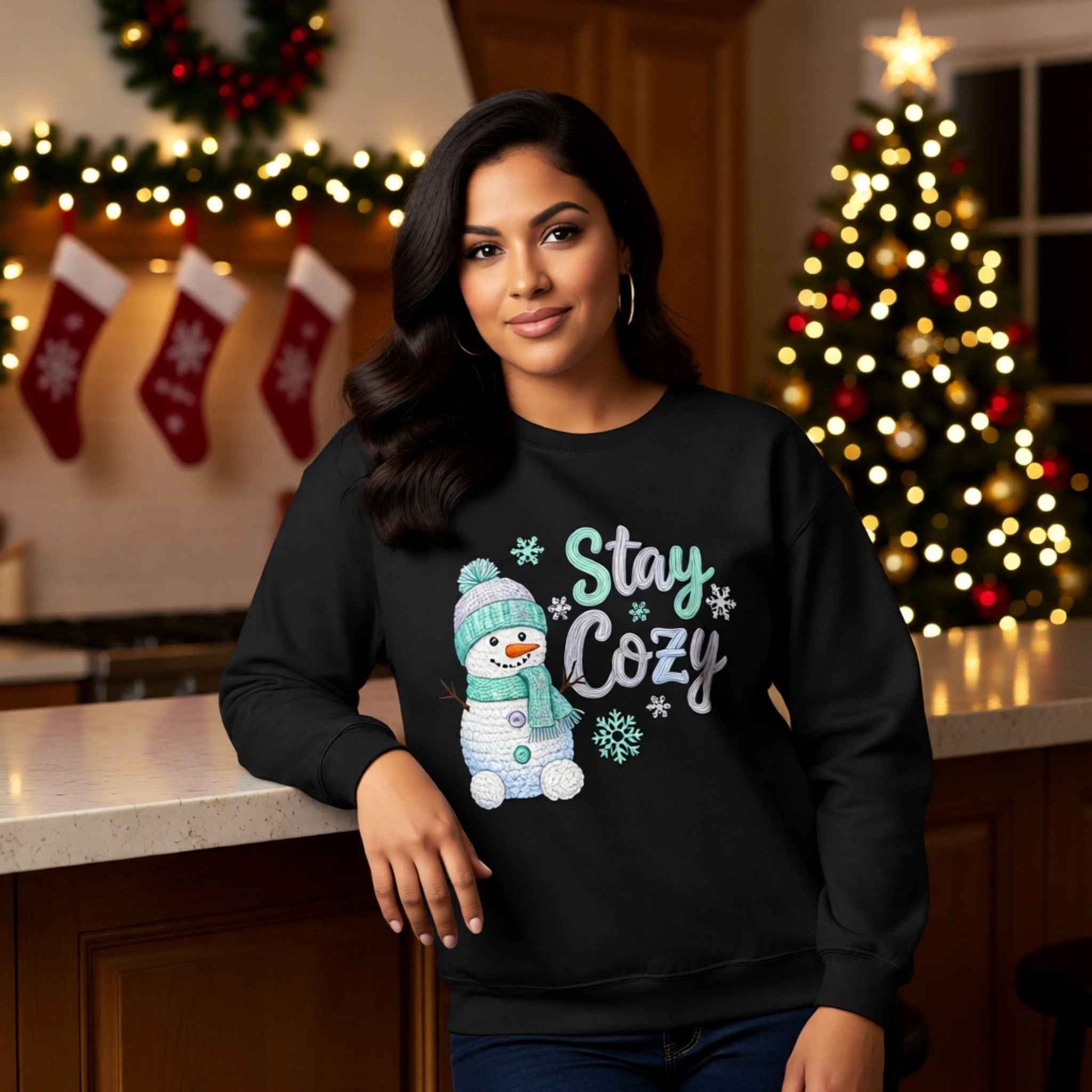 Woman wearing faux crochet knit Christmas crewneck sweatshirt with “Stay Cozy” snowman winter design