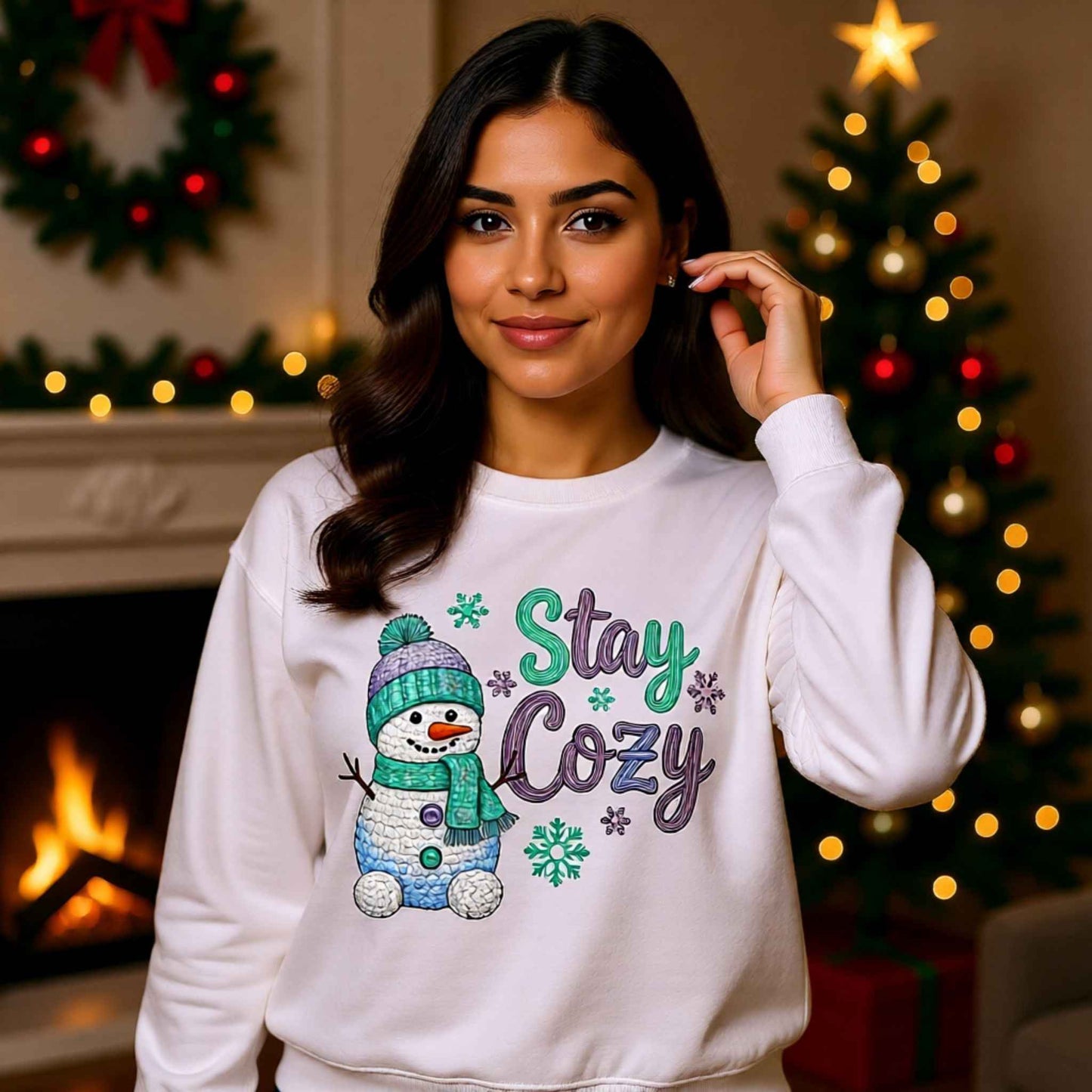 Woman wearing faux crochet knit Christmas crewneck sweatshirt with “Stay Cozy” snowman winter design