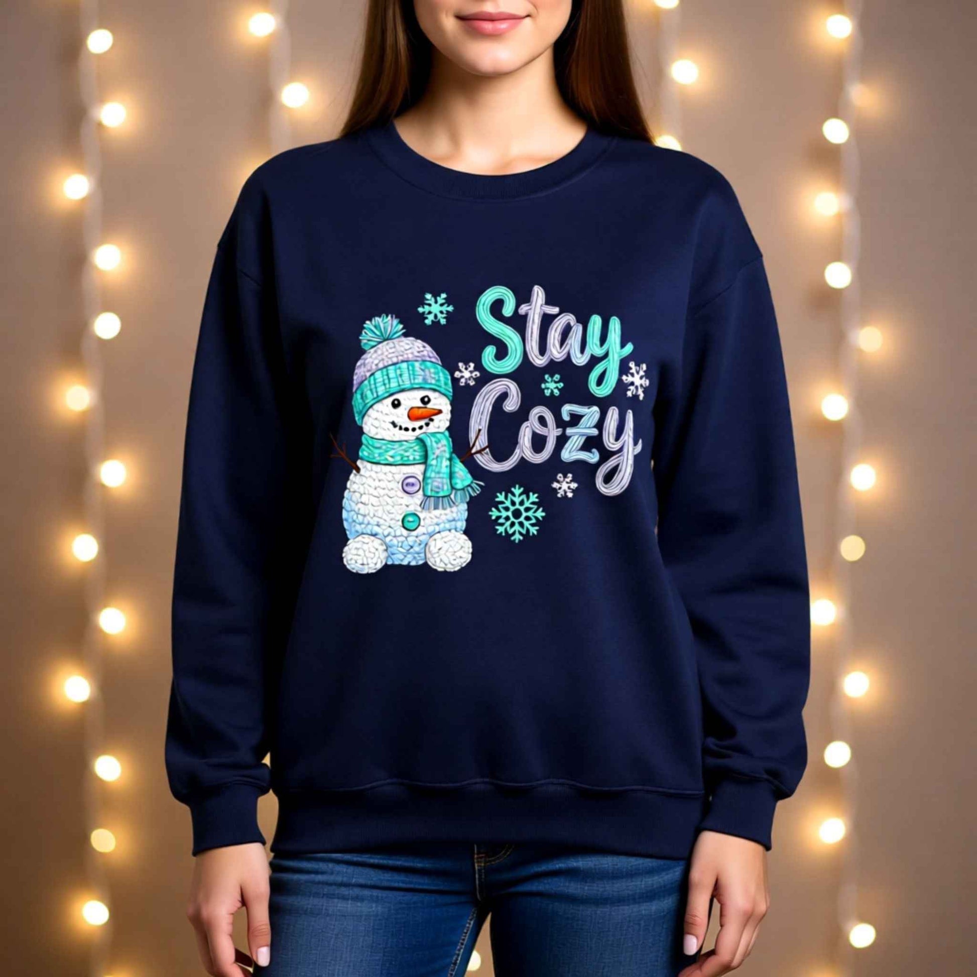 Woman wearing faux crochet knit Christmas crewneck sweatshirt with “Stay Cozy” snowman winter design