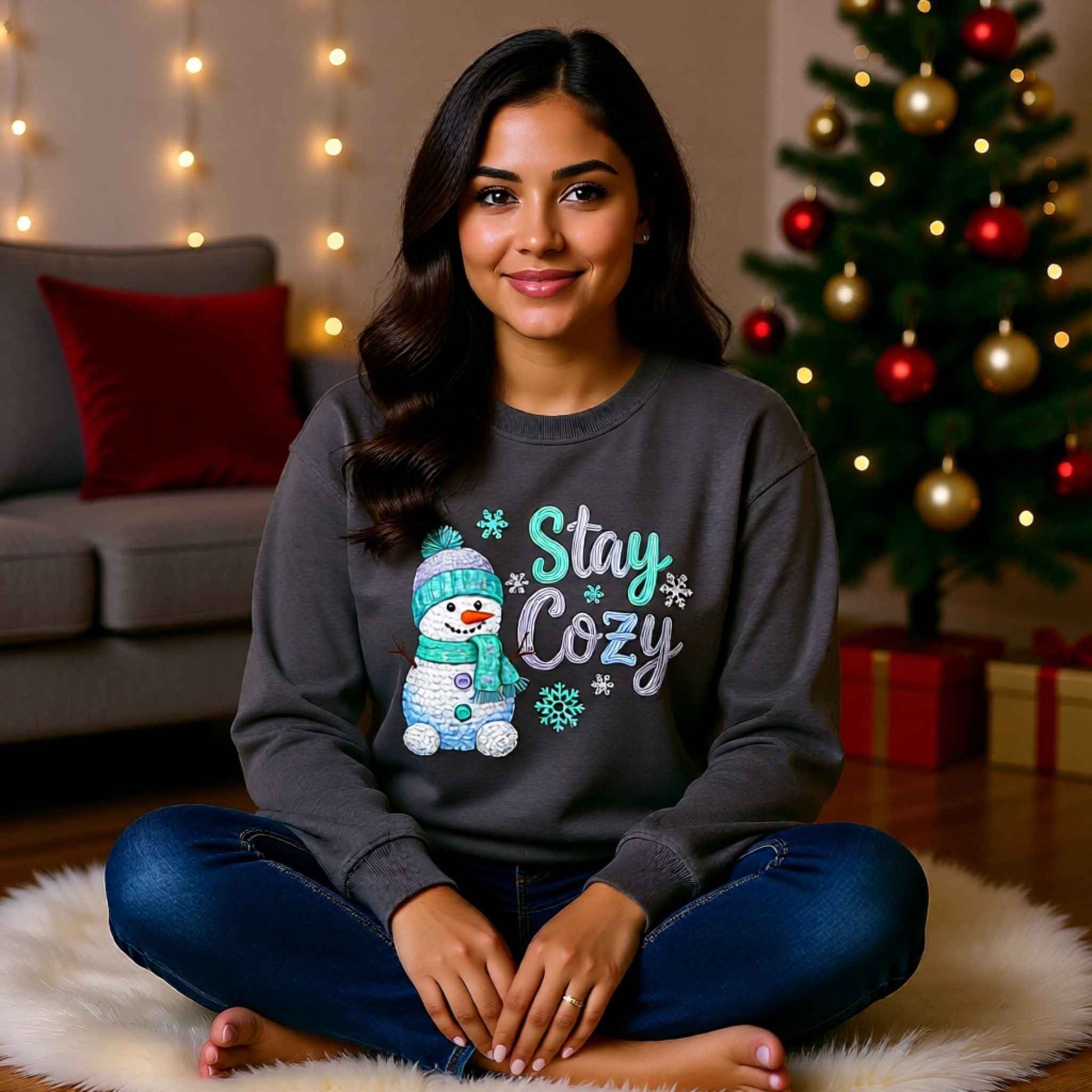 Woman wearing faux crochet knit Christmas crewneck sweatshirt with “Stay Cozy” snowman winter design