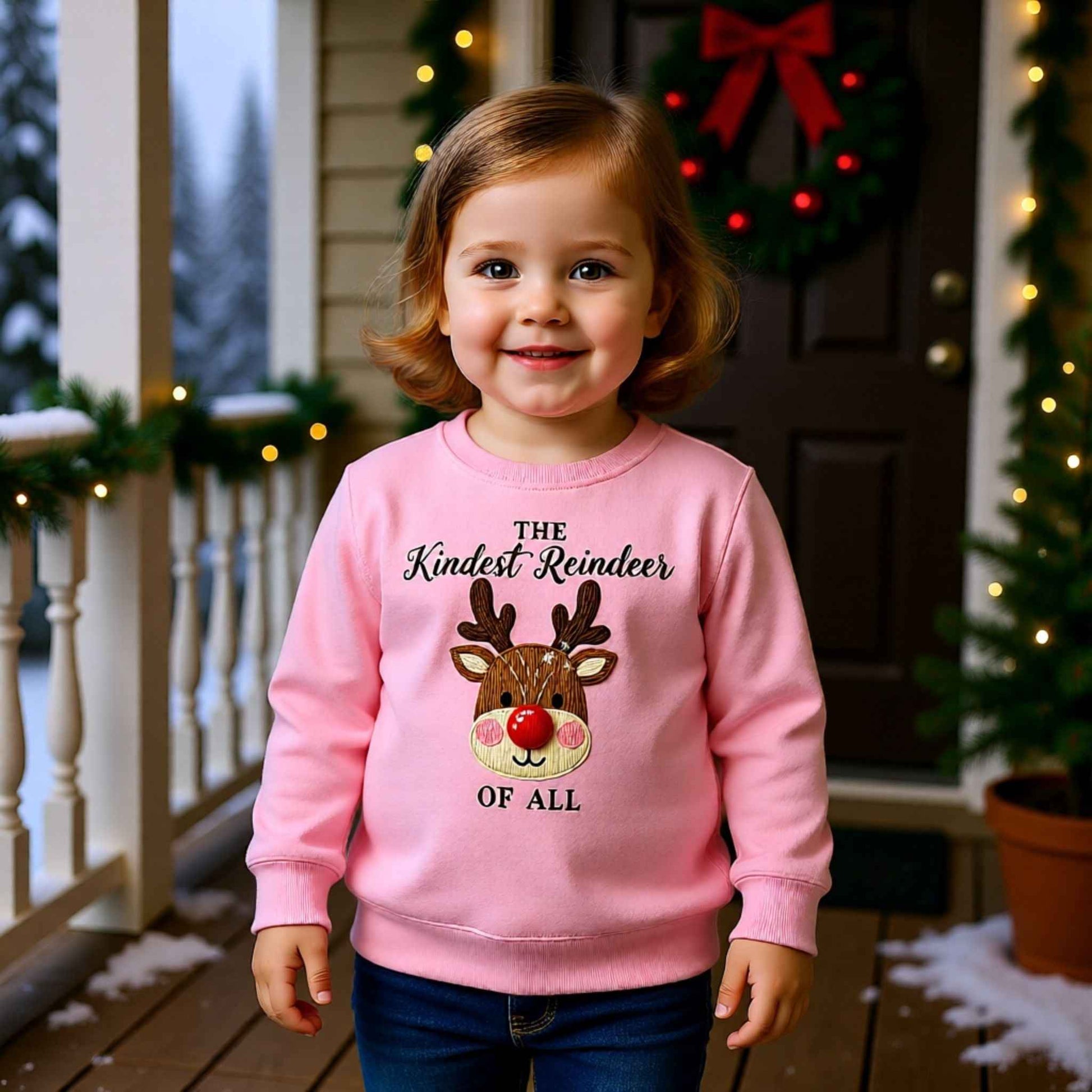 Toddler wearing “The Kindest Reindeer of All” Faux Crochet Reindeer Christmas Crewneck Sweatshirt