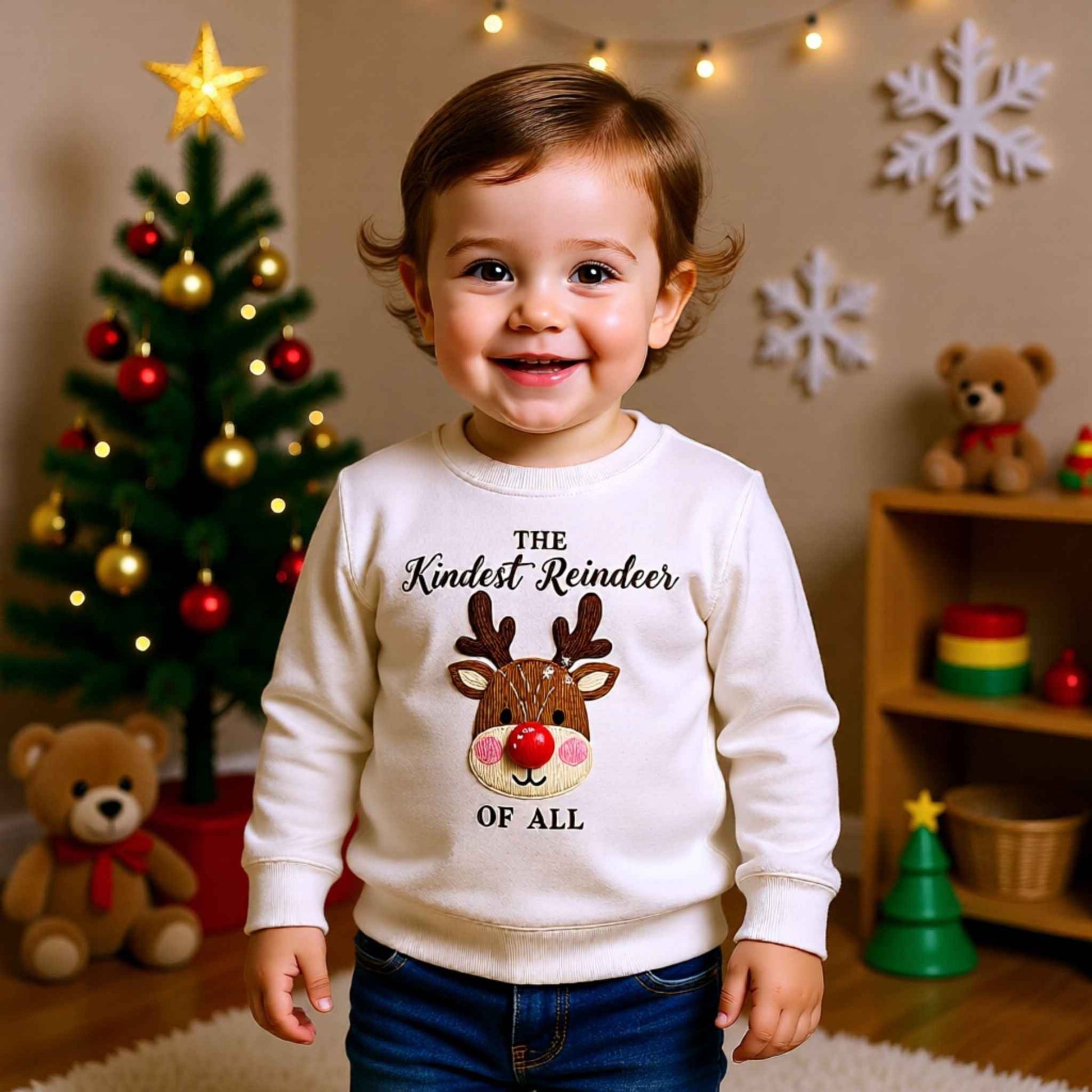 Toddler wearing “The Kindest Reindeer of All” Faux Crochet Reindeer Christmas Crewneck Sweatshirt
