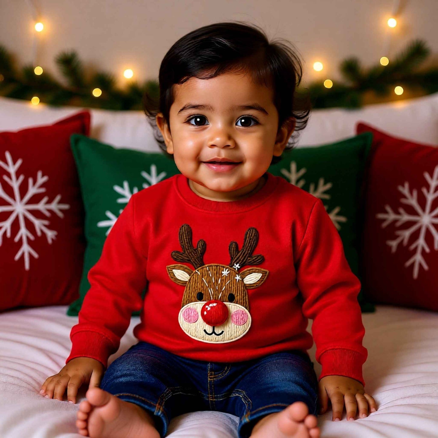 Faux Crochet Reindeer Toddler Christmas Crewneck Sweater – Cozy Winter Outfit for Boys & Girls