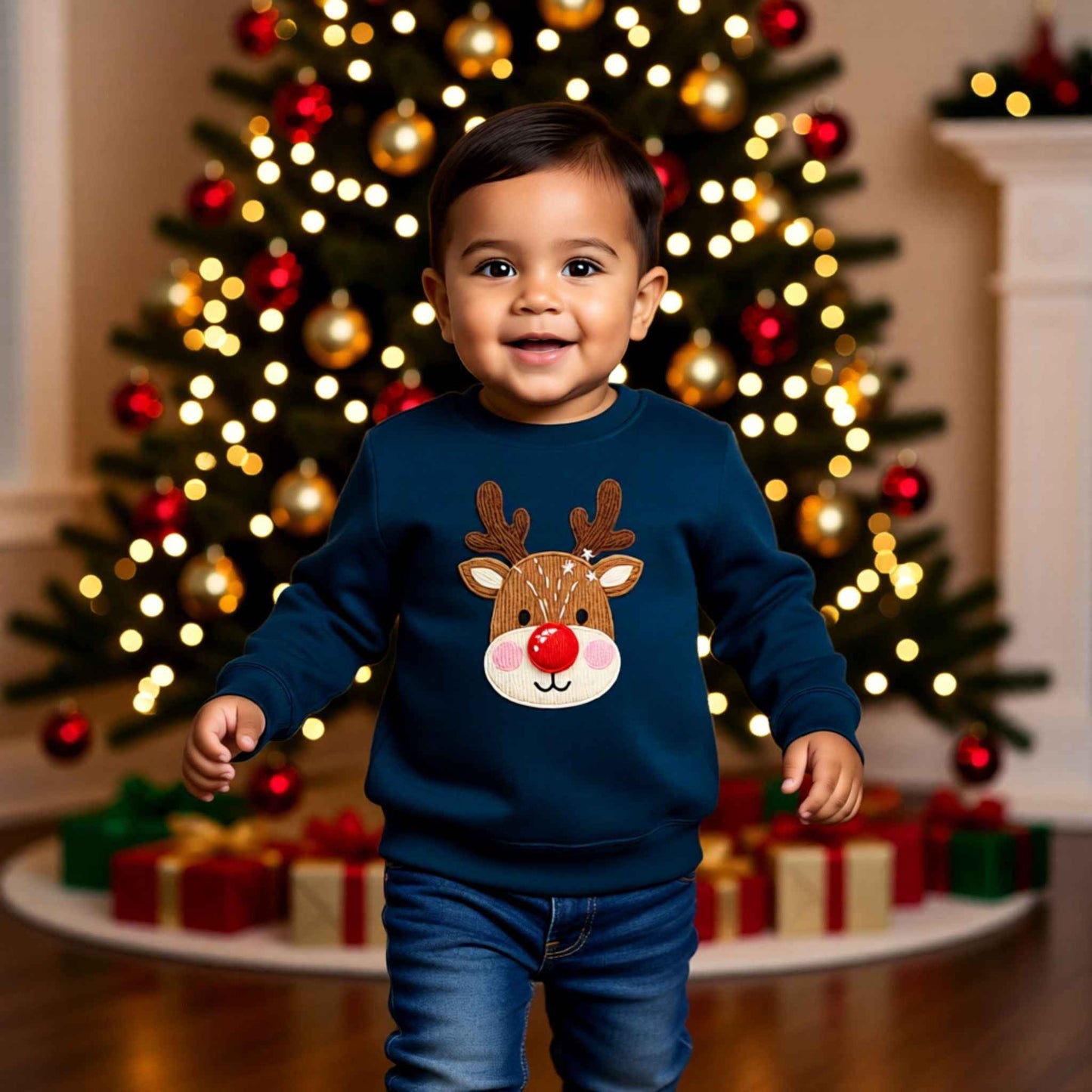 Faux Crochet Reindeer Toddler Christmas Crewneck Sweater – Cozy Winter Outfit for Boys & Girls