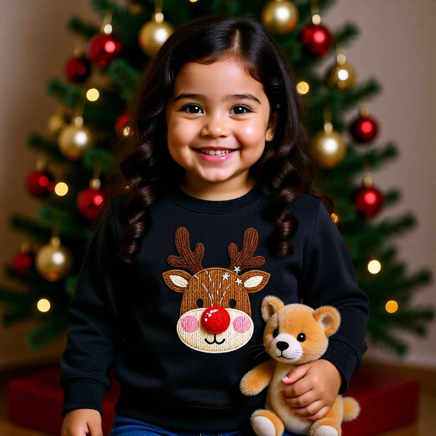 Faux Crochet Reindeer Toddler Christmas Crewneck Sweater – Cozy Winter Outfit for Boys & Girls