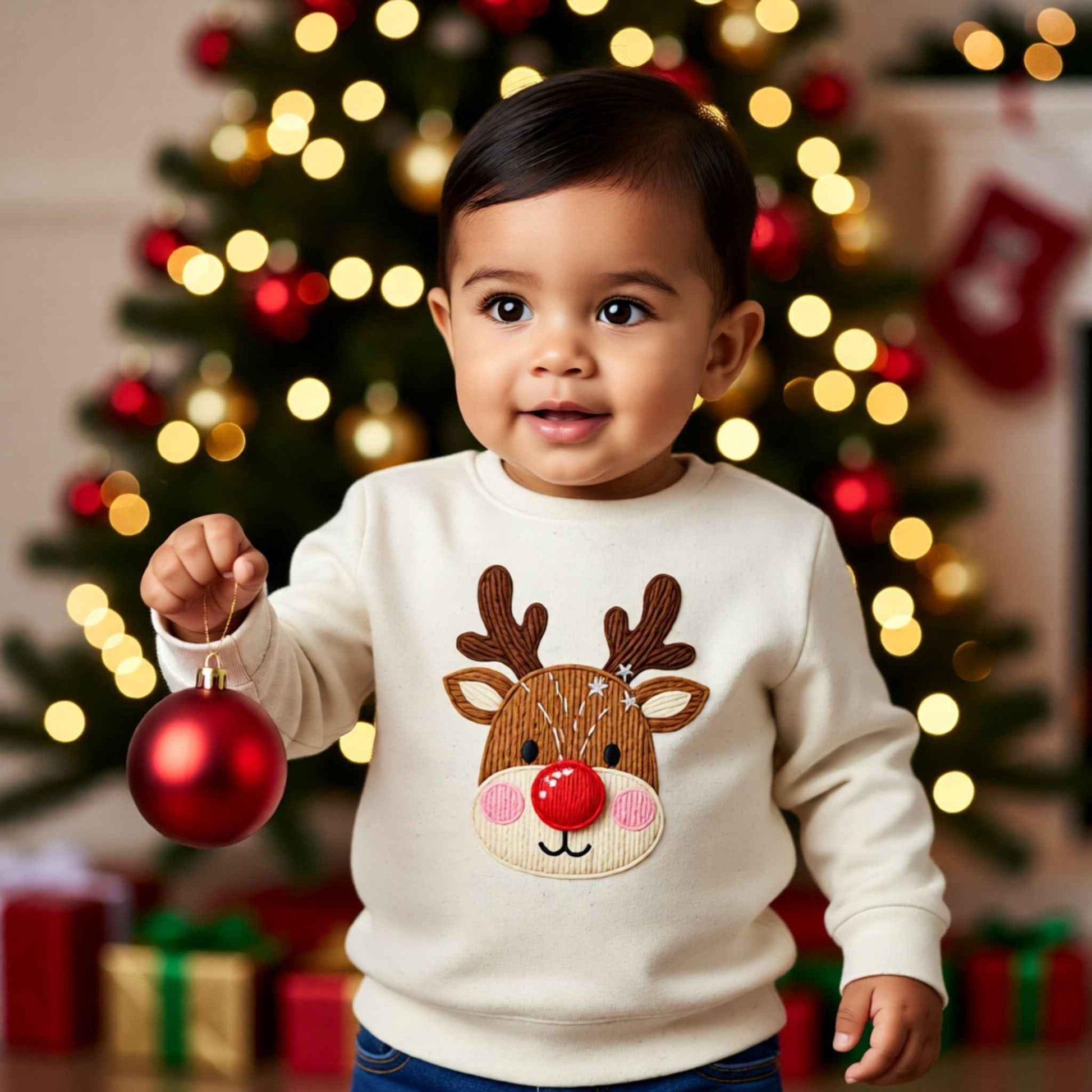 Toddler wearing a faux crochet reindeer Christmas crewneck sweatshirt